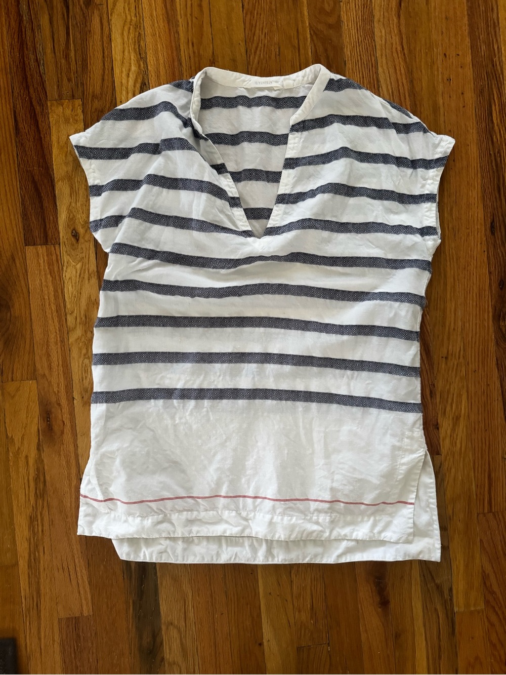 Athleta White & Navy Striped V-Neck Swim Coverup with Subtle Red Trim